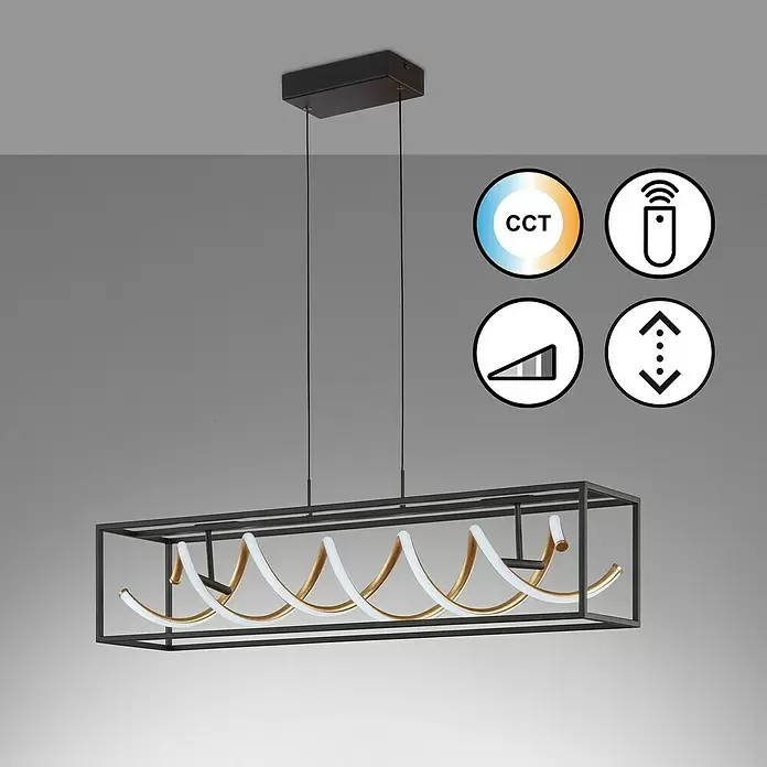 Fischer & Honsel LED-Pendelleuchte Gian - 42 W, L x B x H: 90 x 20 x 150 cm, Sandschwarz, Mehrfarbig - Rechteckige schwarze LED-Pendelleuchte mit goldenen und weißen Spiralelementen, CCT, dimmbar, fernsteuerbar und höhenverstellbar.