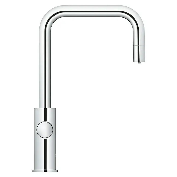 Grohe Spültischarmatur Blue Home - Höhe: 39,3 cm, U-Auslauf, Chrom, Glänzend, Ausziehbar - Ein glänzender, moderner Wasserhahn in Chromoptik mit einem minimalistischen Design und einem runden Knopf zur Bedienung.