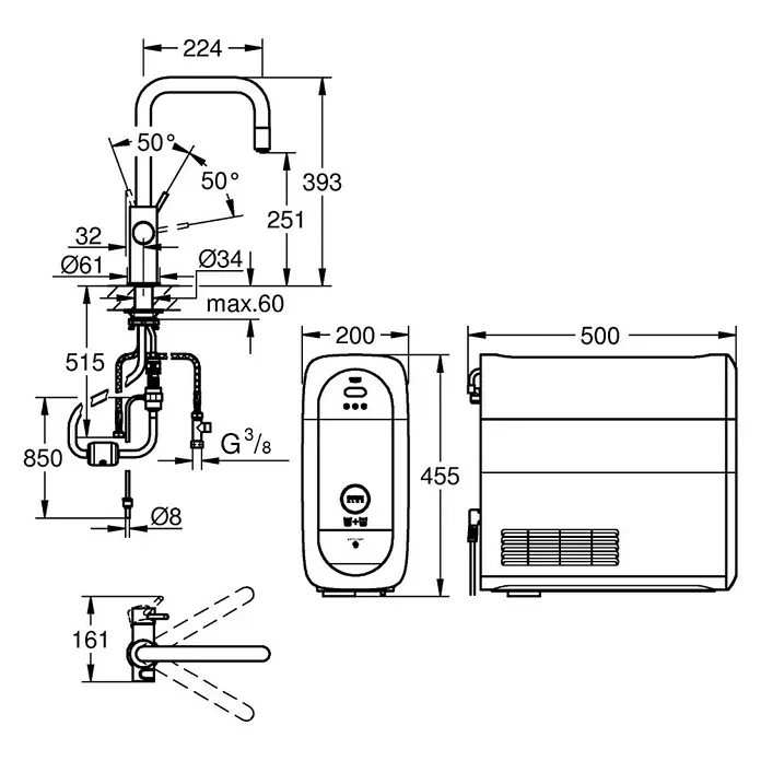 Grohe Spültischarmatur Blue Home - Höhe: 39,3 cm, U-Auslauf, Chrom, Glänzend, Ausziehbar - Produktbild mit Maßangaben für einen Wasserhahn und einen Wasserboiler.
