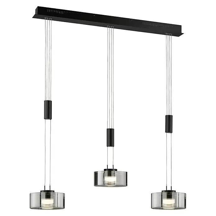 Fischer & Honsel LED-Pendelleuchte Lavin - 27 W, Schwarz, Warmweiß, 3 Stk. - Schwarze lineare Pendelleuchte mit drei klaren Glasschirmen und sichtbaren Lichtquellen.