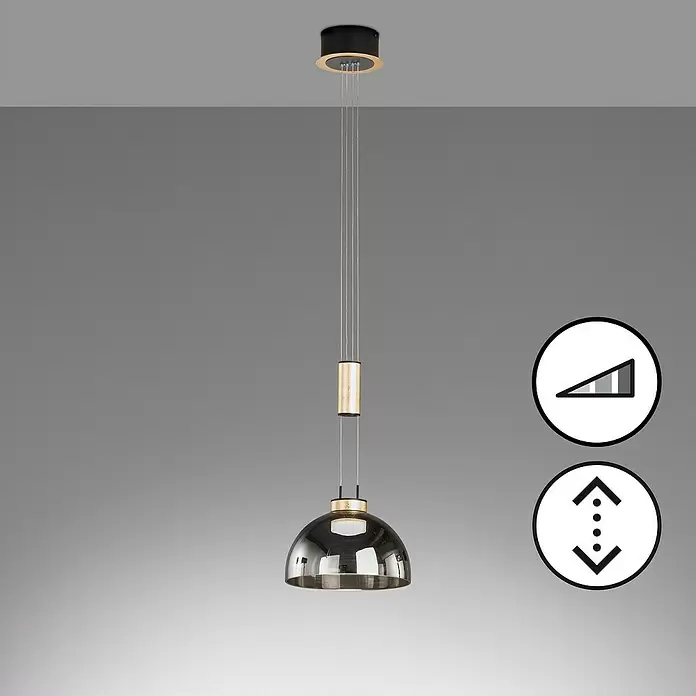 Fischer & Honsel LED-Pendelleuchte Avignon - 9 W, Rauchglas/Gold, Sandschwarz, Anzahl Leuchtmittel: 1 Stk. - Schwarze und goldene Pendelleuchte mit Rauchglasschirm, dimmbar und höhenverstellbar.