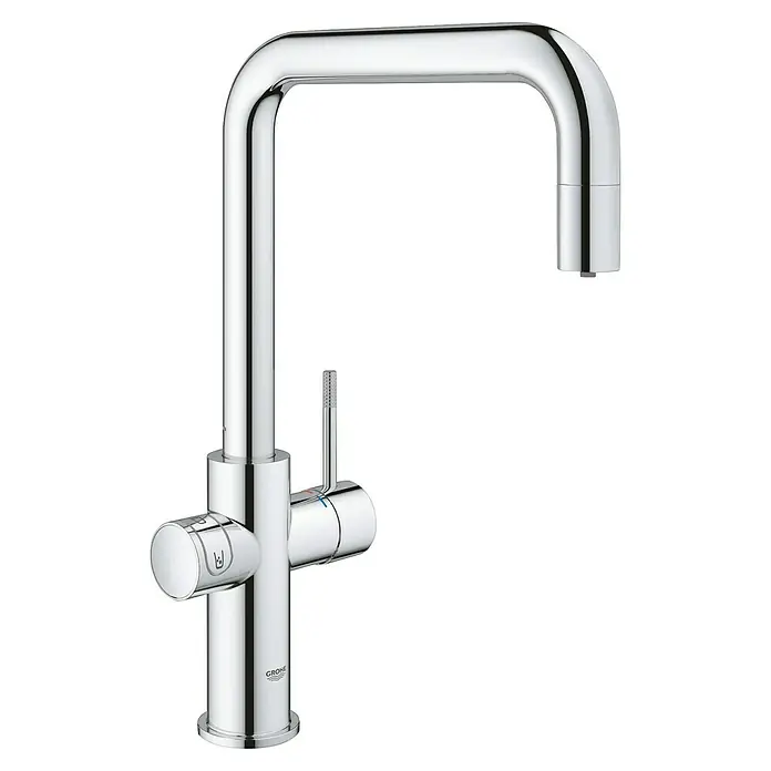 Grohe Spültischarmatur Blue Home - Höhe: 39,3 cm, U-Auslauf, Chrom, Glänzend, Ausziehbar - Eine glänzende Grohe Küchenarmatur mit hohem Auslauf und separaten Hebeln für Kalt- und Warmwasser, ideal für jede moderne Küche.