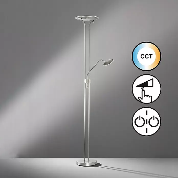 Fischer & Honsel Tallri LED-Deckenfluter - 42,5 W, Höhe: 180 cm, Nickel, Mehrfarbig - Silberne Stehleuchte mit Deckenfluter und verstellbarer Leselampe, CCT-Anpassung, Touch-Dimmung und separater Schaltung.