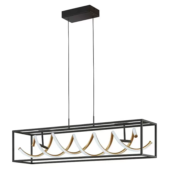 Fischer & Honsel LED-Pendelleuchte Gian - 42 W, L x B x H: 90 x 20 x 150 cm, Sandschwarz, Mehrfarbig - Moderne schwarze, rechteckige LED-Pendelleuchte mit goldenen gewellten Lichtleisten.