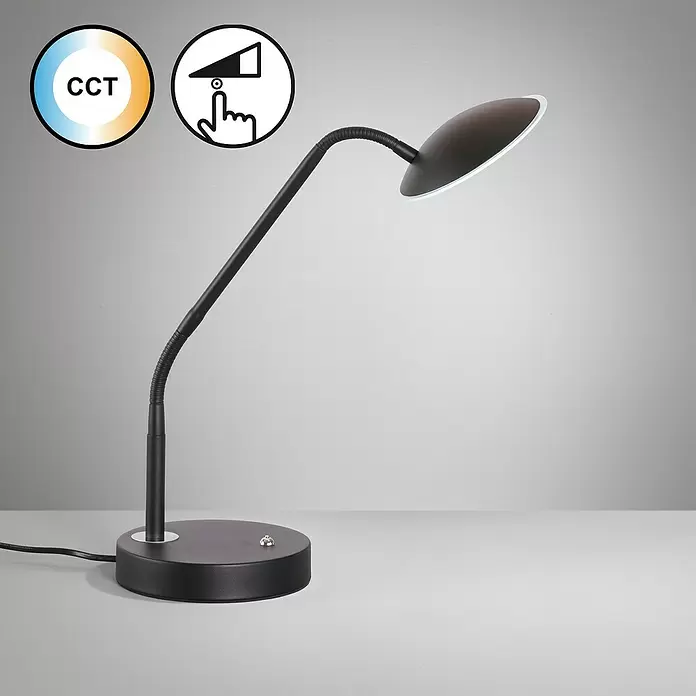 Fischer & Honsel Tallri LED-Tischleuchte - 7,5 W, L x B x H: 16 x 16 x 60 cm, Sandschwarz, Mehrfarbig - Schwarze flexible LED-Schreibtischlampe mit einstellbarer Farbtemperatur und Dimmfunktion, auf rundem Fuß.