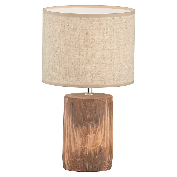 Fischer & Honsel Tischleuchte Malik - 40 W, L x B x H: 4,5 x 24 x 43 cm, Holzfarben mit Struktur, Beige, E27 - Zylindrische Tischleuchte mit hellbeigem Stoffschirm und rustikalem Naturholzsockel.