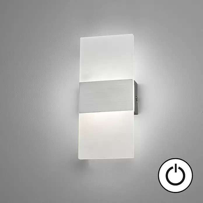 Fischer & Honsel LED-Wandleuchte Foder - 7 W, L x B x H: 5 x 12 x 27 cm, Nickel, Warmweiß - Rechteckige Wandleuchte mit mattweißer Diffusorscheibe und einem zentralen, gebürsteten Metallband, das sanftes Licht nach oben und unten abstrahlt.