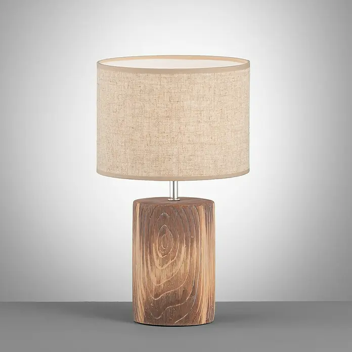 Fischer & Honsel Tischleuchte Malik - 40 W, L x B x H: 4,5 x 24 x 43 cm, Holzfarben mit Struktur, Beige, E27 - Tischleuchte mit einem Holzsockel und einem hellbraunen Lampenschirm, perfekt für eine gemütliche Atmosphäre.