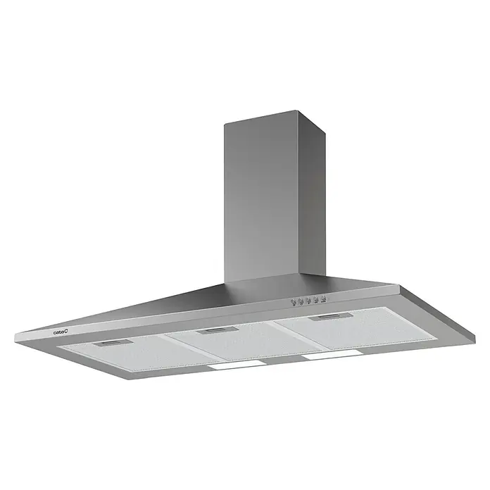 Cata Campana de pared V-900 X - Ancho: 89,8 cm, Máx. Potencia del ventilador en modo extracción: 420 m³/h, Inox - Primer plano de una campana extractora moderna de acero inoxidable con luces brillantes y botones de control sobre un fondo negro.