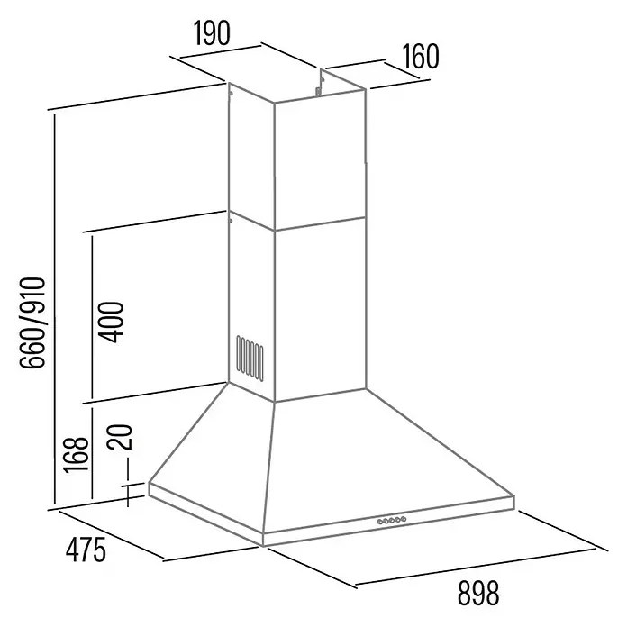 Cata Campana de pared V-900 X - Ancho: 89,8 cm, Máx. Potencia del ventilador en modo extracción: 420 m³/h, Inox - Dibujo técnico acotado de una campana extractora. Este plano muestra las medidas exactas y especificaciones de la campana.