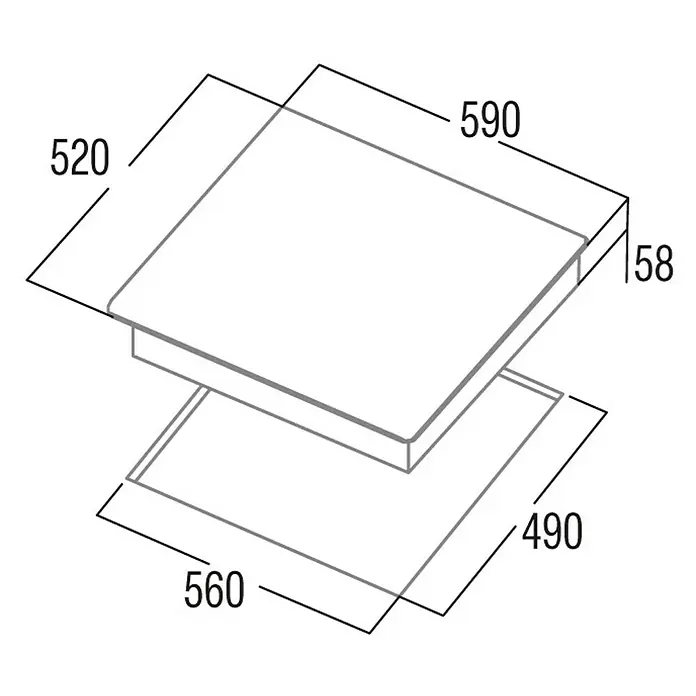 Cata Placa de cocción IB 6403E2 BK - L x An: 52 x 59 cm, Número de fogones de inducción: 3 ud. - Vista superior de una placa de cocción con dimensiones (520x590 mm) y una subestructura de 560x490 mm. La altura es de 58 mm.