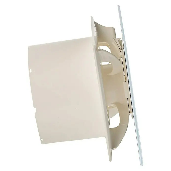 Cata Ventilador de pared de baño E-100 G - Blanco, 9,8 cm - Una salida de aire redonda color crema con una placa frontal plana y rectangular, ideal para la ventilación.