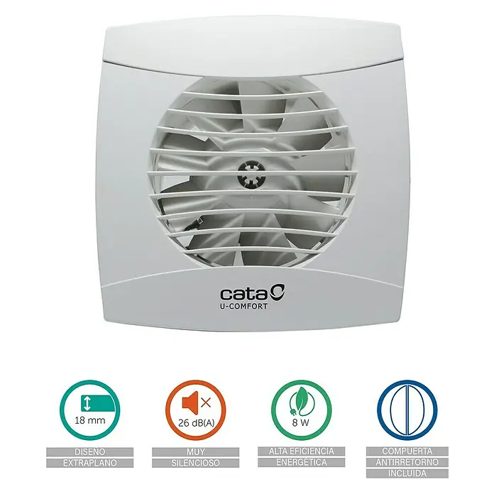Cata Ventilador de pared de baño UC-10 STD - Blanco, 9,8 cm - Ventilador de baño CATA U-Comfort blanco con datos técnicos y características para una ventilación eficiente.
