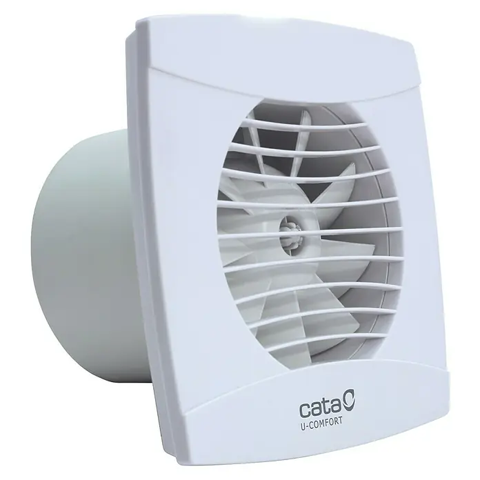 Cata Ventilador de pared de baño UC-10 STD - Blanco, 9,8 cm - Ventilador de pared blanco Cata U-Comfort, diseñado para proporcionar una circulación de aire óptima en las habitaciones, sobre fondo negro.
