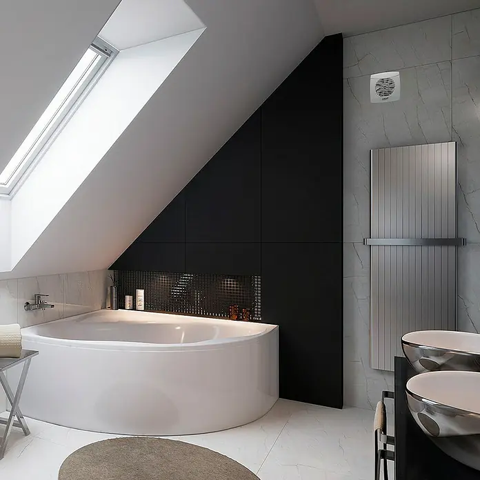 Cata Ventilador de pared de baño UC-10 STD - Blanco, 9,8 cm - Elegante baño con bañera esquinera, pared de acento oscuro y tragaluz. Centrado en diseño elegante y elementos decorativos.