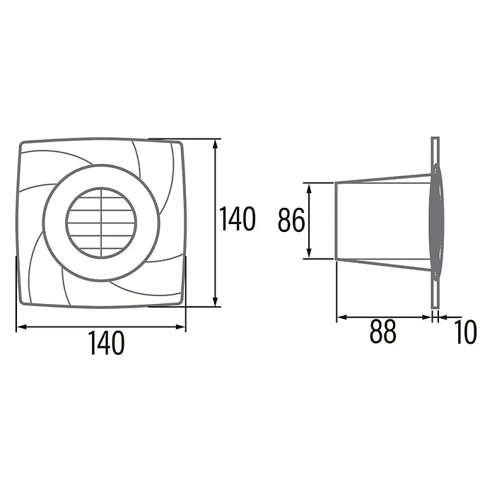 Cata Ventilador de pared de baño Axial B-8 PLUS - Blanco - Imagen del ventilador con dimensiones, vista frontal y lateral para información detallada del producto.