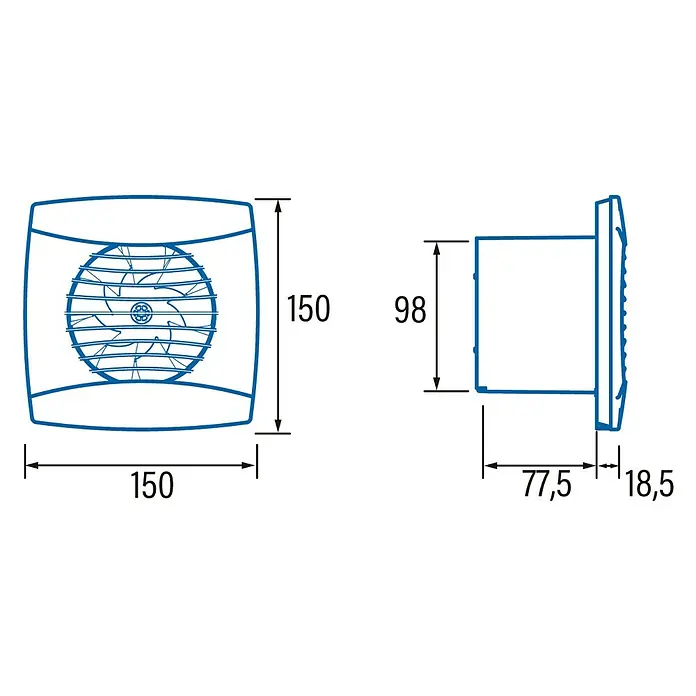 Cata Ventilador de pared UC-10 HYGRO - Negro, 9,8 cm - Dibujo técnico de un extractor de aire con dimensiones. El ventilador es cuadrado y se muestra desde el lateral y desde el frente.