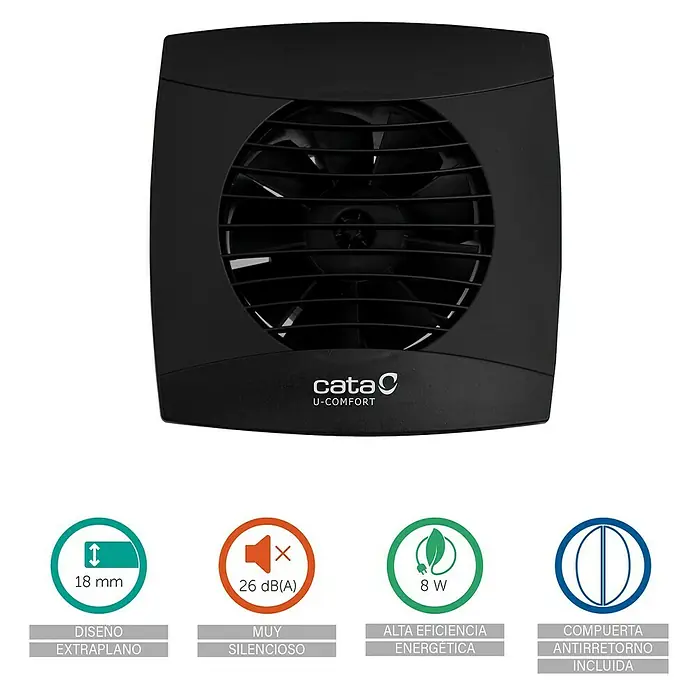 Cata Ventilador de pared UC-10 HYGRO - Negro, 9,8 cm - Ventilador negro Cata U-Comfort con bajo nivel de ruido y alta eficiencia para un ambiente confortable en la habitación.