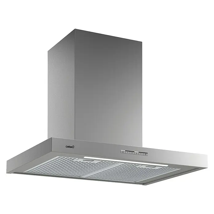 Cata Campana de pared Sygma 7010 X - Ancho: 70 cm, Máx. Potencia del ventilador en modo extracción: 800 m³/h, Inox - Primer plano de una campana extractora Cata plateada, diseñada para una purificación eficiente del aire.