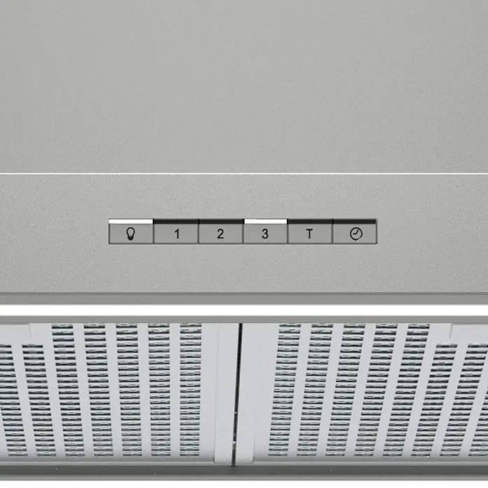 Cata Campana de pared Sygma 7010 X - Ancho: 70 cm, Máx. Potencia del ventilador en modo extracción: 800 m³/h, Inox - Primer plano de los controles de una campana extractora, con varios ajustes de velocidad del ventilador y función de temporizador.