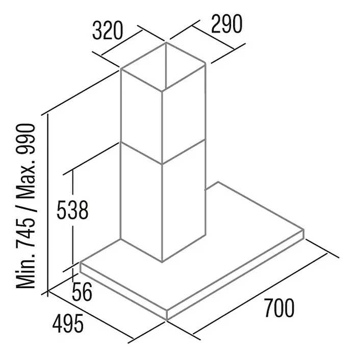 Cata Campana de pared Sygma 7010 X - Ancho: 70 cm, Máx. Potencia del ventilador en modo extracción: 800 m³/h, Inox - Diagrama de una campana extractora con dimensiones, que muestra las alturas mínima y máxima, además del ancho y la profundidad del aparato.