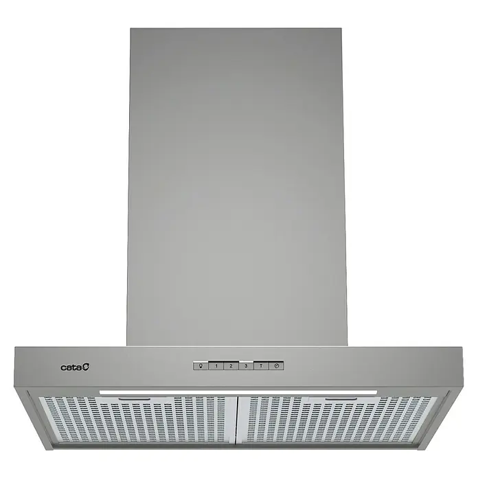 Cata Campana de pared Sygma 6010 X - Ancho: 60 cm, Máx. Potencia del ventilador en modo extracción: 800 m³/h, Inox - En la foto se ve una campana extractora plateada, diseñada para purificar el aire al cocinar y añadir un toque de estilo a cualquier cocina.