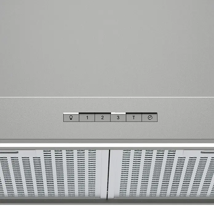 Cata Campana de pared Sygma 6010 X - Ancho: 60 cm, Máx. Potencia del ventilador en modo extracción: 800 m³/h, Inox - Primer plano de los botones del panel de control (1, 2, 3, T) de una campana extractora. Controla la velocidad del ventilador.