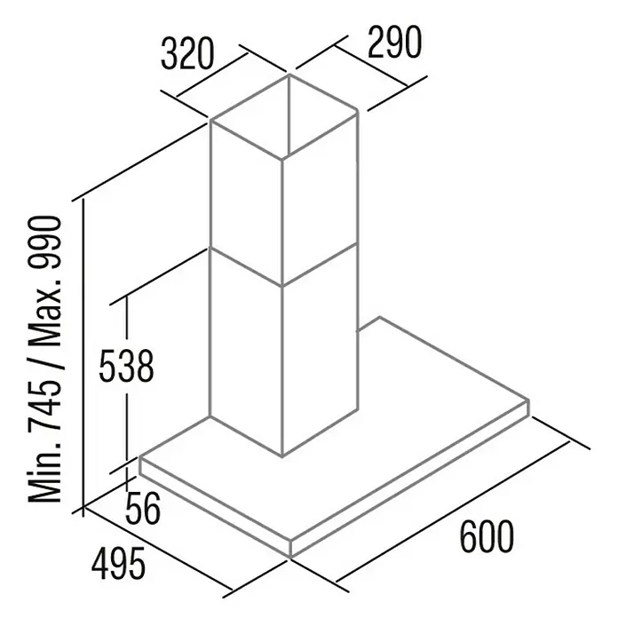 Cata Campana de pared Sygma 6010 X - Ancho: 60 cm, Máx. Potencia del ventilador en modo extracción: 800 m³/h, Inox - Imagen del producto que muestra las dimensiones de una campana extractora, incluyendo altura, anchura y profundidad.