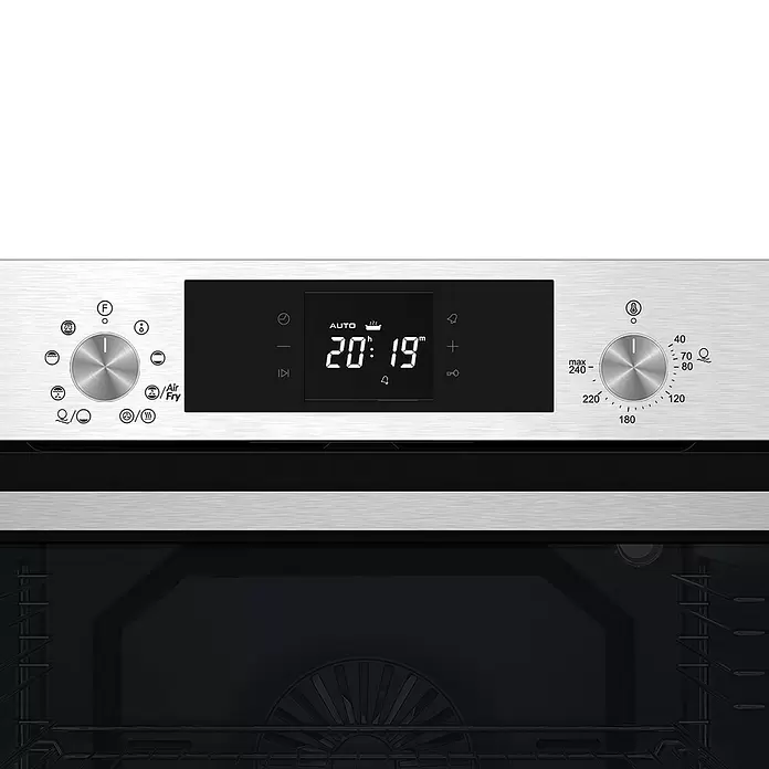 Cata Horno empotrado 8008 X Air Fryer - Número de tipos de calentamiento: 8 ud., Volumen horno: 80 l - Panel de control de horno de acero inoxidable con reloj digital (20:19), selector de modo (Air Fry) y temperatura. Interior oscuro del horno visible.