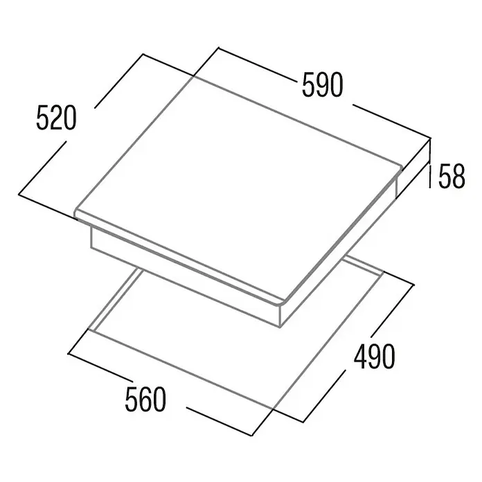 Cata Placa de cocción INSB 6003E2 BK - Número de fogones de inducción: 3 ud., Vidrio - Imagen de una placa de cocina con dimensiones. Ideal para proporcionar información sobre el tamaño, destacando las dimensiones del producto.