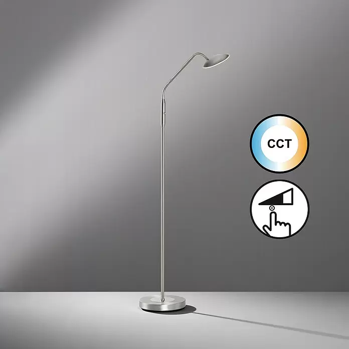 Fischer & Honsel Tallri LED-Stehleuchte - 7,5 W, Höhe: 135 cm, Nickel, Mehrfarbig, Anzahl Leuchtenköpfe: 1 Stk. - Silberne Stehleuchte mit flexiblem Hals, einstellbarer Farbtemperatur (CCT) und dimmbarer Touch-Steuerung.