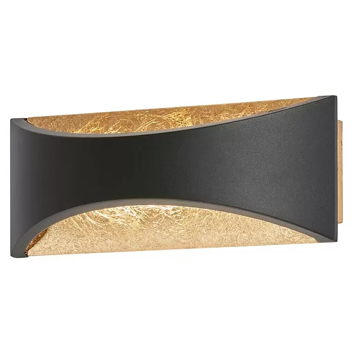 Fischer & Honsel LED-Wandleuchte Rio - 5,5 W, L x B x H: 22,5 x 7,7 x 9 cm, Sandschwarz/Gold, Warmweiß - Dunkelgraue Wandleuchte mit goldener Blätterstruktur innen, nach unten leuchtend.