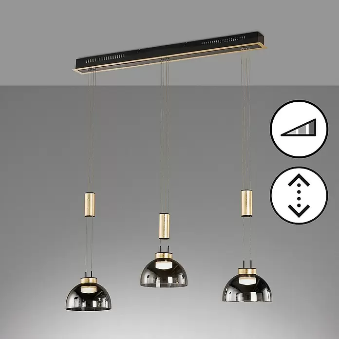 Fischer & Honsel LED-Pendelleuchte Avignon - 27 W, Rauchglas/Gold, Sandschwarz, Anzahl Leuchtmittel: 3 Stk. - Lineare Pendelleuchte mit drei Rauchglas-Schirmen, schwarzem Balken und Goldakzenten. Dimmbar und höhenverstellbar.
