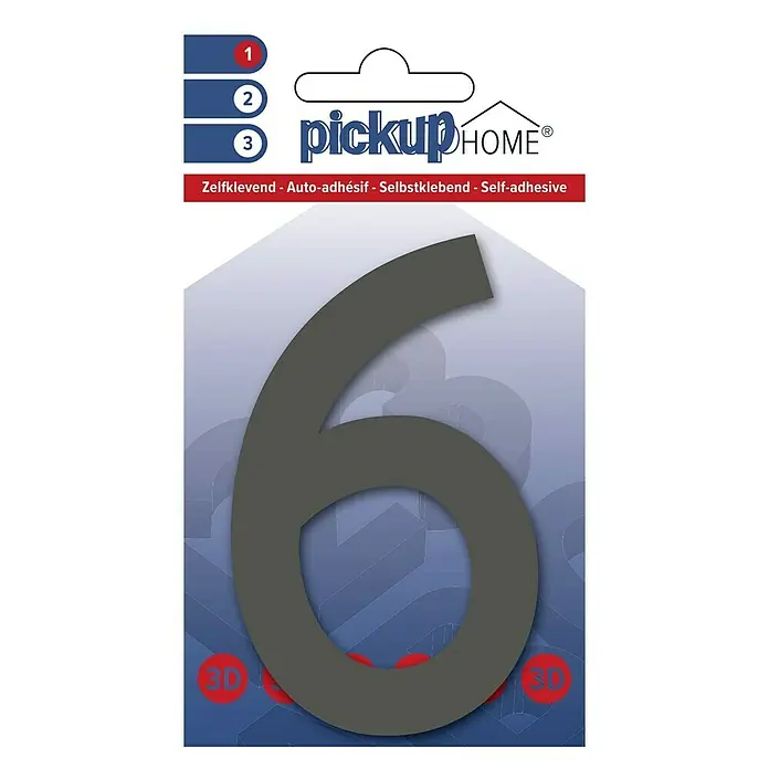 Pickup 3D Home Hausnummer Rio - Motiv: 6, Höhe: 10 cm, Grau, Kunststoff, Selbstklebend - Nahaufnahme der Hausnummer 6 von Pickup Home, selbstklebend und in 3D-Optik, ideal für die Kennzeichnung von Häusern.