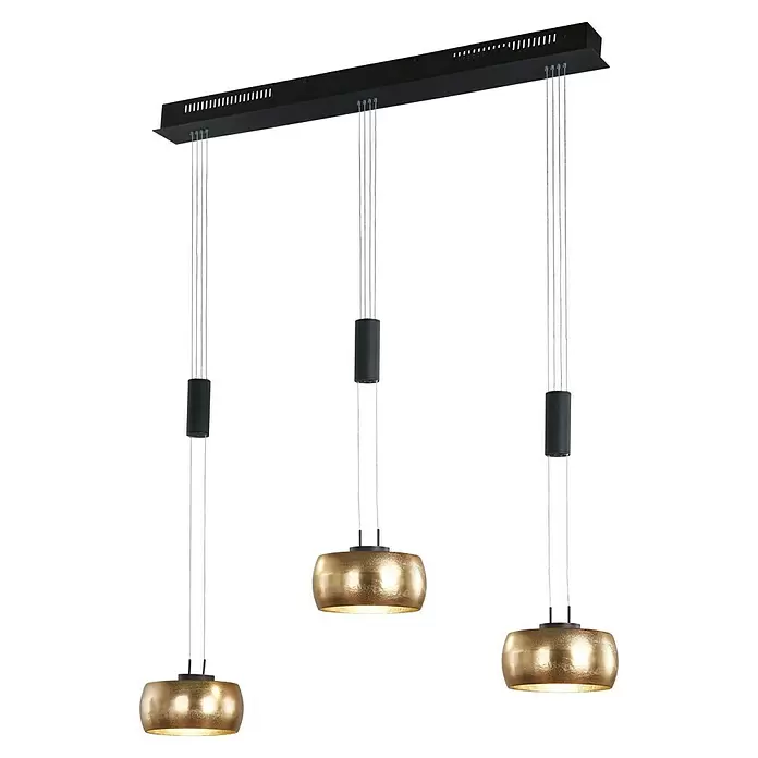 Fischer & Honsel LED-Pendelleuchte Colette - 27 W, Gold, Sandschwarz, Warmweiß - Lineare Mehrfach-Pendelleuchte mit schwarzer Stange und drei goldenen, texturierten trommelförmigen Schirmen.