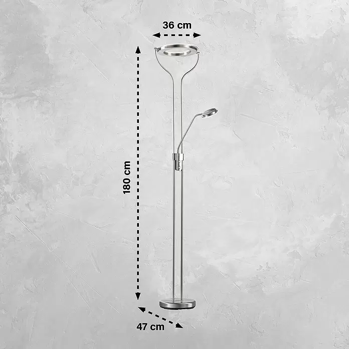 Fischer & Honsel LED-Stehleuchte Davos - 36,5 W, Höhe: 180 cm, Nickel, Mehrfarbig - Bodenlampe aus gebürstetem Silbermetall mit Deckenfluter und verstellbarer Leselampe, 180 cm hoch.