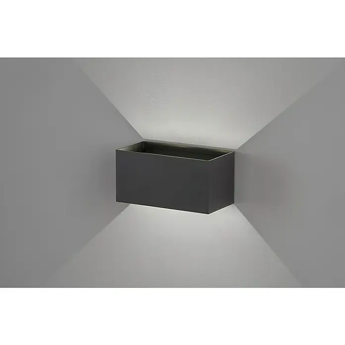 Fischer & Honsel LED-Wandleuchte Wallo - 12 W, L x B x H: 10 x 20 x 10 cm, Sandschwarz, Warmweiß - Diese Aufnahme zeigt eine moderne, rechteckige Wandleuchte, die ein angenehmes Licht sowohl nach oben als auch nach unten wirft.