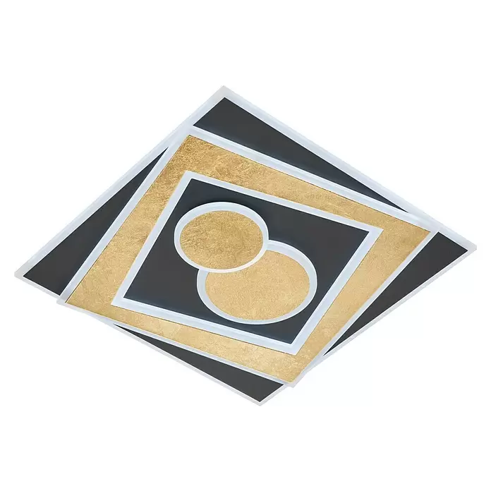Fischer & Honsel LED-Deckenleuchte Ratio - 48 W, L x B x H: 50 x 50 x 6,4 cm, Gold/Sandschwarz, Mehrfarbig - Geometrisches Kunstwerk in Schwarz, Gold und Weiß, mit geschichteten Quadraten und zwei goldenen Kreisen.