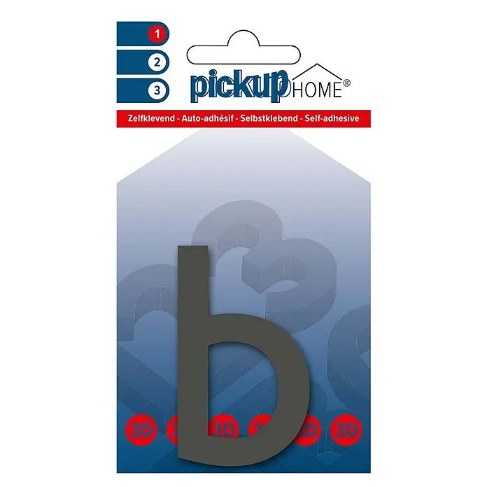 Pickup 3D Home Hausnummer Rio - Motiv: b, Höhe: 6 cm, Grau, Kunststoff, Selbstklebend - Selbstklebendes 3D-Buchstabe "b" von Pickup HOME, ideal für individuelle Beschriftungen und Dekorationen. Einfache Anbringung auf glatten Oberflächen.
