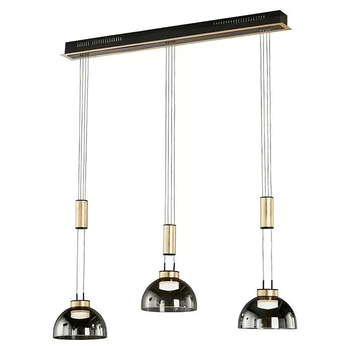 Fischer & Honsel LED-Pendelleuchte Avignon - 27 W, Rauchglas/Gold, Sandschwarz, Anzahl Leuchtmittel: 3 Stk. - Lineare Deckenleuchte mit drei Rauchglas-Kuppelpendeln, goldfarbenen zylindrischen Akzenten und schwarzem/beigem Baldachin.