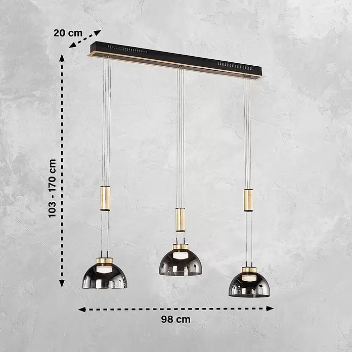 Fischer & Honsel LED-Pendelleuchte Avignon - 27 W, Rauchglas/Gold, Sandschwarz, Anzahl Leuchtmittel: 3 Stk. - Dreiflammige Pendelleuchte mit schwarzer Stange (98x20 cm), Goldakzenten und dunklen Glasschirmen. Höhe einstellbar: 103-170 cm.