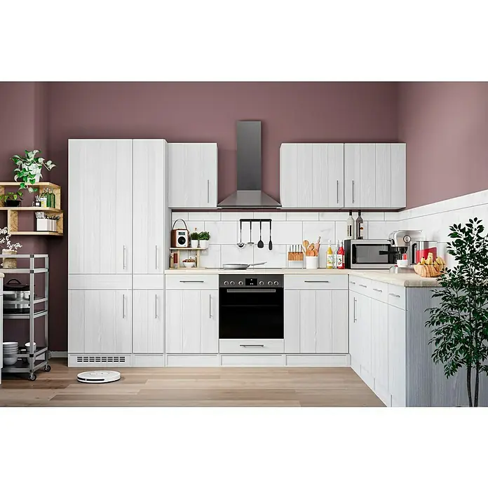 Wandfliese Alia Grau - 25 x 33 cm, Weiß/Grau, Glänzend - Kücheninterieur mit weißen Schränken, modernen Geräten und Akzenten in Pflaumenfarbe für einen stilvollen und funktionalen Raum.