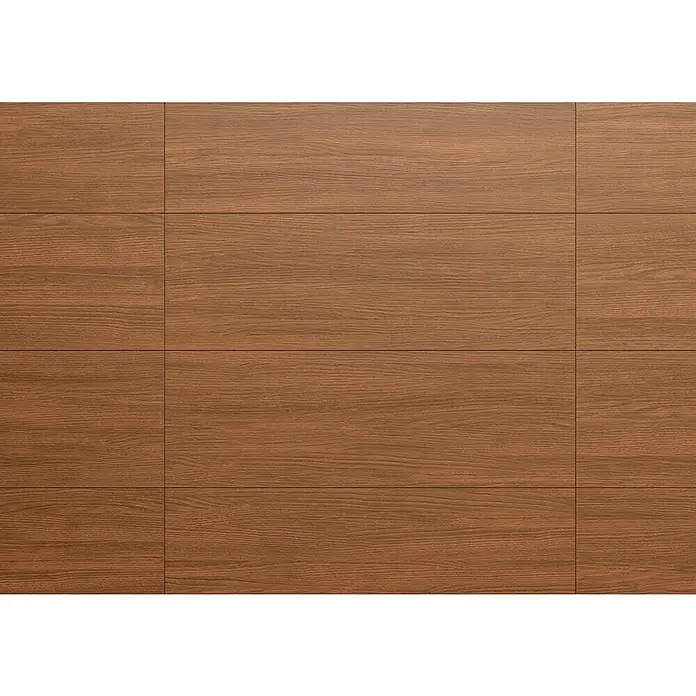 Wandfliese Spa Cuero Base - 30 x 90 cm, Braun, Matt - Nahaufnahme einer Holzpaneelwand mit sichtbarer Maserung und warmen Farbtönen, die eine rustikale und natürliche Ästhetik vermittelt.
