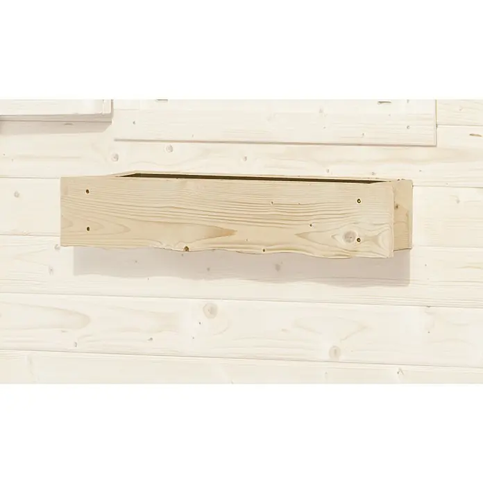 Weka Pflanzkasten - 60 cm, Natur - Ein helles, hölzernes Wandregal mit unregelmäßiger Vorderkante, montiert an einer Wand aus Holzpaneelen. Natürliche Holzmaserung und Textur sind sichtbar.