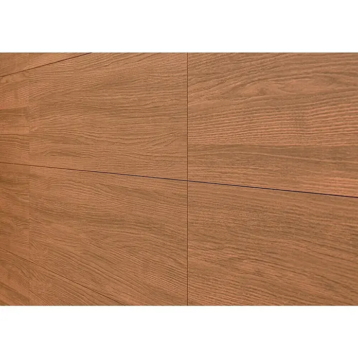 Wandfliese Spa Cuero Base - 30 x 90 cm, Braun, Matt - Nahaufnahme der Holzwand mit horizontalen und vertikalen Fugen, die eine einheitliche, moderne Ästhetik erzeugen.