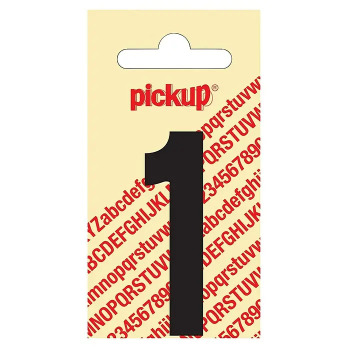 Pickup Aufkleber - Motiv: 1, Schwarz, Höhe: 60 mm - Nahaufnahme einer Pickup-Marke mit schwarzer Hausnummer 1 auf beigem Hintergrund mit Buchstaben und Zahlen.