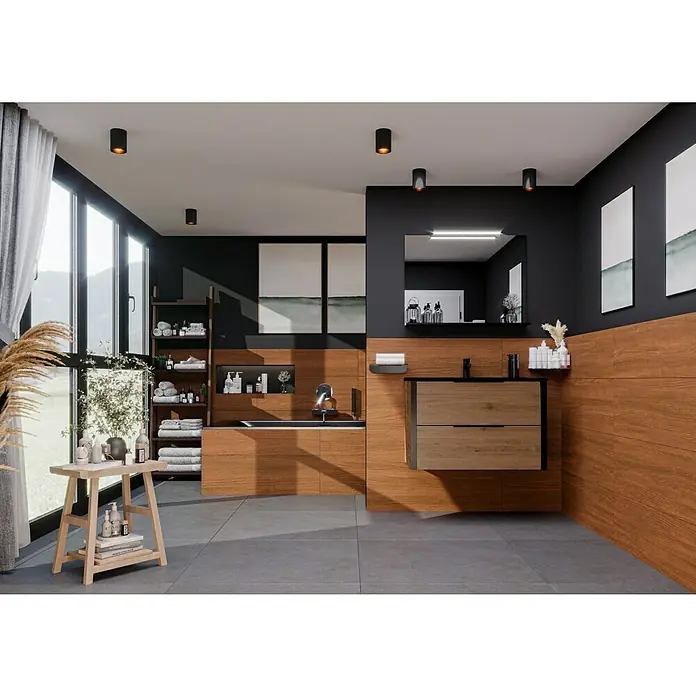 Wandfliese Spa Cuero Base - 30 x 90 cm, Braun, Matt - Helles Badezimmer mit Waschtisch in Holzoptik und grauen Bodenfliesen. Stilvolle Einrichtung für ein modernes Badambiente.