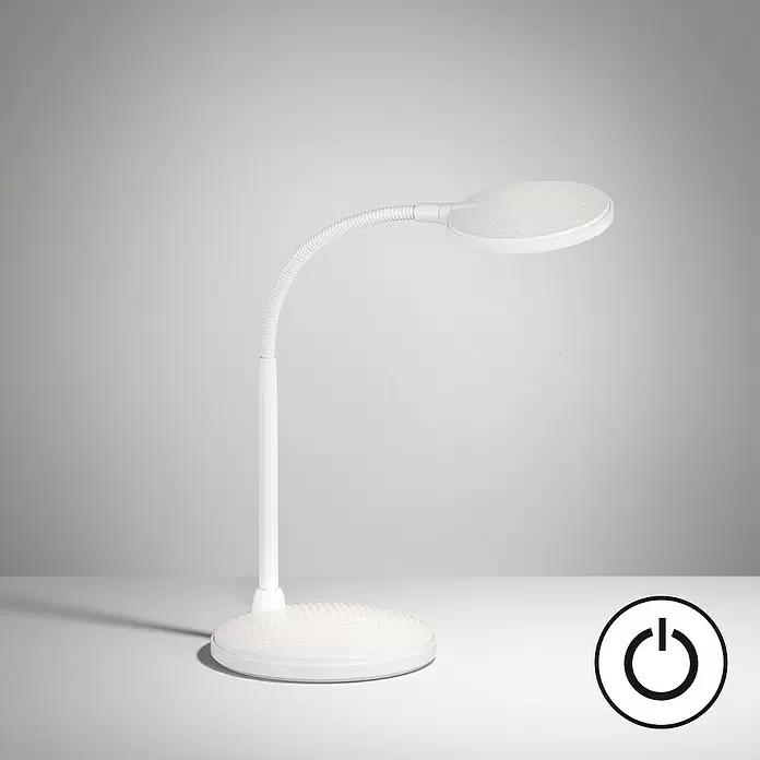 Fischer & Honsel LED-Tischleuchte Work - 4,5 W, L x B x H: 22 x 14,5 x 36,5 cm, Weiß, Warmweiß - Weiße Schreibtischlampe mit flexiblem Hals und rundem Sockel mit Power-Symbol.