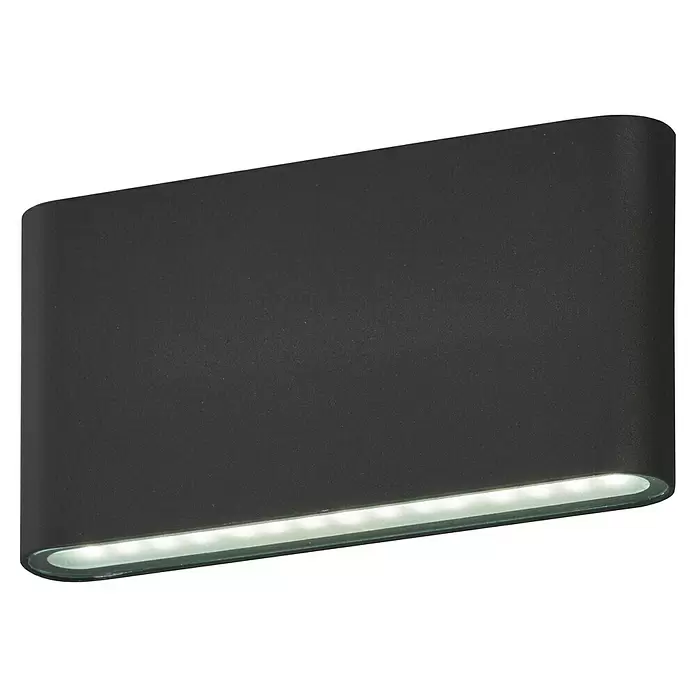 Fischer & Honsel LED-Wandleuchte Scone - 11 W, L x B x H: 17,5 x 3 x 9 cm, Sandschwarz, Warmweiß - Matte schwarze rechteckige Wandleuchte mit abgerundeten Kanten und leuchtenden LEDs unten.