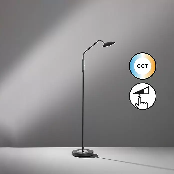 Fischer & Honsel Tallri LED-Stehleuchte - 7,5 W, Höhe: 135 cm, Sandschwarz, Mehrfarbig, Anzahl Leuchtenköpfe: 1 Stk. - Schlanke dunkelgraue LED-Stehleuchte mit verstellbarem Kopf, flexiblem Hals, CCT-Anpassung und Touch-Dimmfunktion.